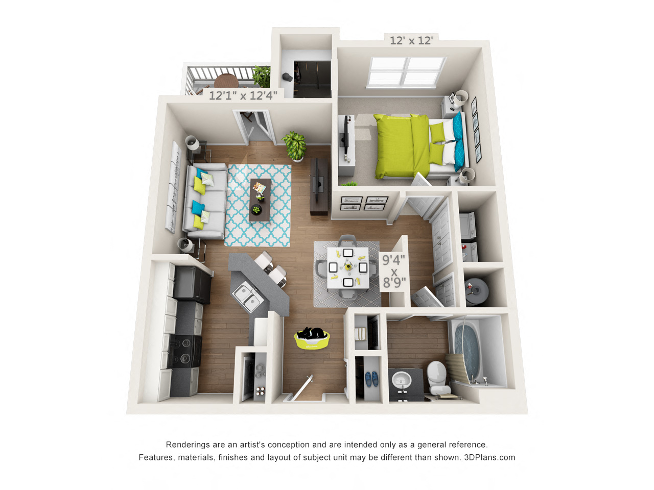 Floor plan for 1 bed, 1 bath, 693 sqft